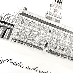 Benutzerdefinierte Heiratsurkunde mit Hand Kalligraphie, Aquarell Bleistift Skizze des Veranstaltungsortes, Independence Hall Hochzeit