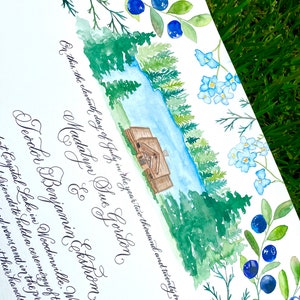 ANZAHLUNG für benutzerdefinierte Quäker-Heiratsurkunde mit Handkalligraphie und Aquarell Blaubeeren, Kiefern und Blockhaus