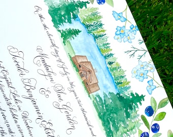 カスタムクエーカー結婚証明書、手書きカリグラフィー、水彩ログキャビン - デポジット