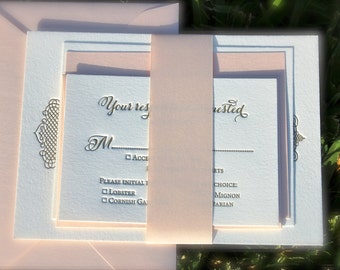 Letterpress Wedding Invitations Blush Pink and Taupe DEPOSIT, blush and taupe invitations, wedding invitations, belly band invitation