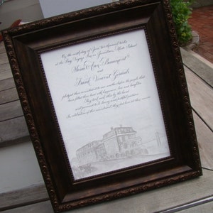 Hand beschriftete Quäker-Heiratsurkunde Ketubah mit Handkalligraphie und Aquarell-Skizze-Kirchen-Villa-Einlage