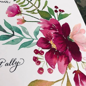 Benutzerdefinierte Quäker-Heiratsurkunde mit Handkalligraphie, Aquarell burgunderfarbenen Blumen und Farnen, Quäker-Heiratsurkunde