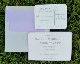 Lavender and Silver Gray Botanical Wedding Invitations,  Letterpress Wedding Invitations, Lavender Wedding Invitations