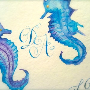 Aquarell Seepferd Heiratsurkunde mit Handkalligraphie; Seepferdchen Hochzeitsurkunde Hinterlegung