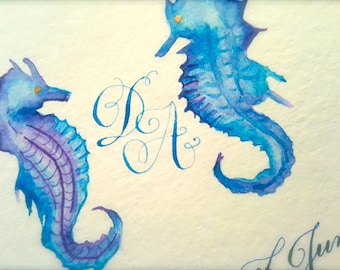 Watercolor Seahorse Marriage Certificate with Hand Calligraphy; Seahorse Wedding Certificate Deposit