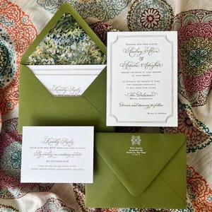Olive Green Letterpress Wedding Invitations with Custom Envelope Liner