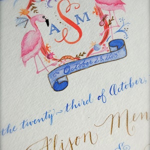 Watercolor Crest Marriage Certificate, Wedding Watercolor Crest, Wedding Crest, Watercolor Flamingo image 5