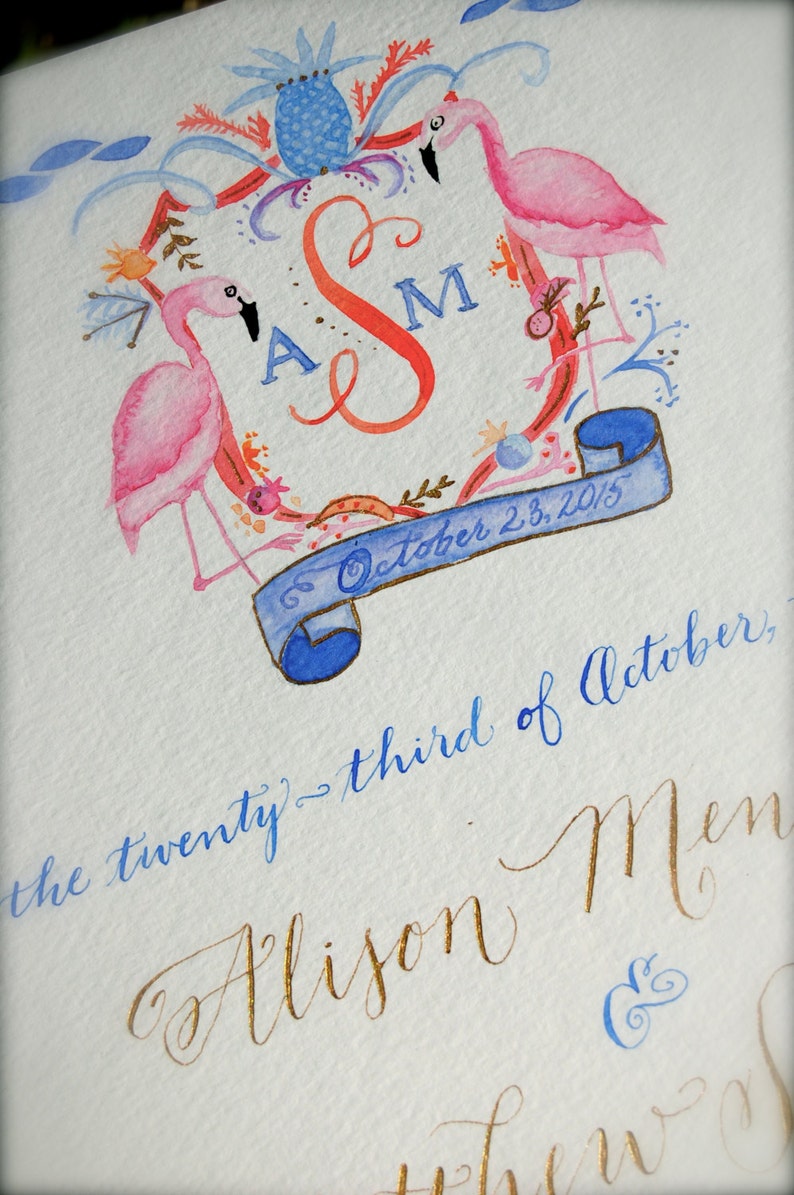 Watercolor Crest Marriage Certificate, Wedding Watercolor Crest, Wedding Crest, Watercolor Flamingo image 5