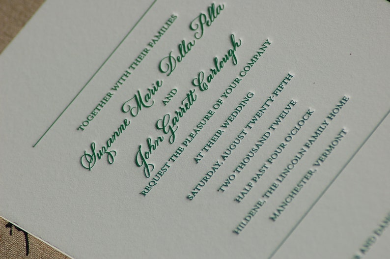 Wedding Invitation in Forest Green, Letterpress wedding invitations, Green Letterpress Wedding Invites image 1