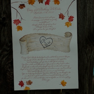 "Handbeschriftete Quäker-Heiratsurkunde - Handkalligraphie, ""Herbst-Fall-Blätter"" in Aquarellfarbe DEPOSIT."