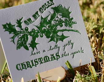 Holly Letterpress Christmas Card, Oh By Golly Have a Holly Jolly Christmas Card, Vintage Christmas Card