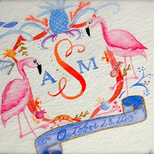 Watercolor Crest Marriage Certificate, Wedding Watercolor Crest, Wedding Crest, Watercolor Flamingo image 1