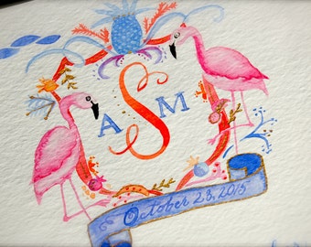 Watercolor Crest Marriage Certificate, Wedding Watercolor Crest, Wedding Crest, Watercolor Flamingo