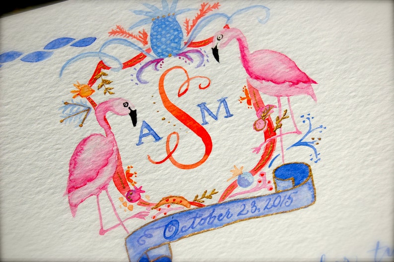 Watercolor Crest Marriage Certificate, Wedding Watercolor Crest, Wedding Crest, Watercolor Flamingo image 1