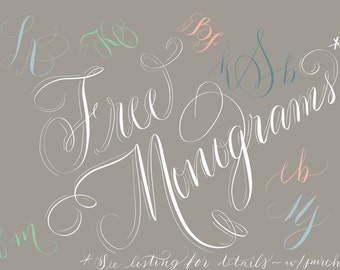 FREE hand calligraphy monogram upgrade for new letterpress invitation clients! Sale!