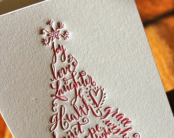 Bulk Christmas Cards Featuring Calligraphy Christmas Tree in Red Letterpress, Boxed Wholesale Christmas Cards, Luxury Christmas Cards,