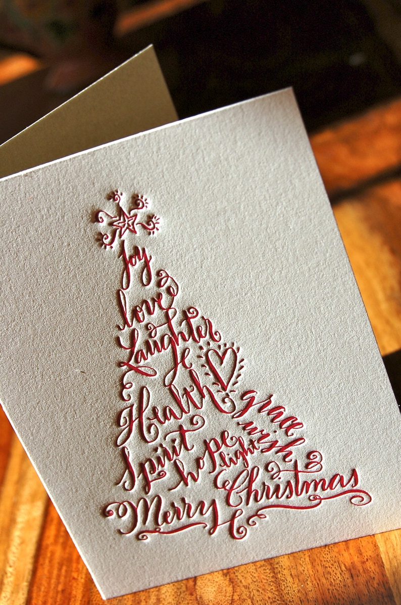 Christmas Cards Featuring Calligraphy Christmas Tree in Red Letterpress image 4