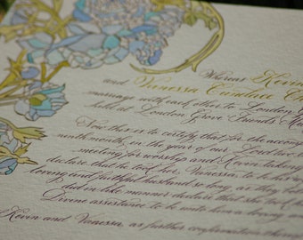 Hand Lettered Quaker Marriage Certificate featuring Hand Calligraphy Deposit