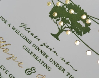 Letterpress Wedding Invitations: Green & Gold Foil, Rustic Oak Tree