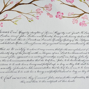 Kirschblüten Aquarell Zertifikat Hinterlegung, individuelle Quäker Heiratsurkunde, Aquarell und Hand Kalligraphie Gästebuch Alternative
