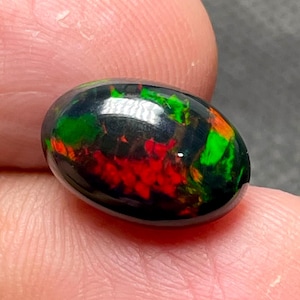 May include: A polished, oval-shaped black opal gemstone. The opal displays vibrant internal colors of red, green, and orange, creating a striking play-of-color effect. The gemstone is held between two fingers, showcasing its size and shape.