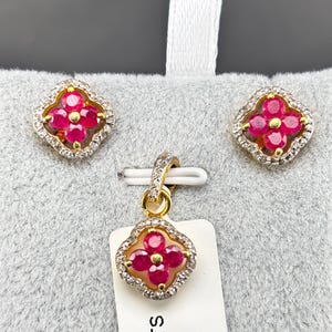Ruby Jewelry Set: Pave Diamond Earrings & Necklace - May Birthstone For Gift.