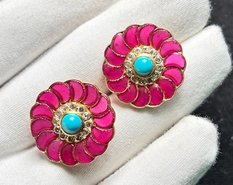 Turquoise Ruby Diamond Stud Earrings: 925 Sterling Silver Wedding Jewelry