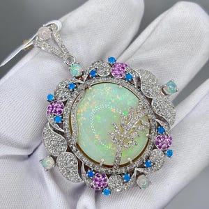 Sterling Silver Opal Pendant – Apatite, Diamond & Ruby Pave