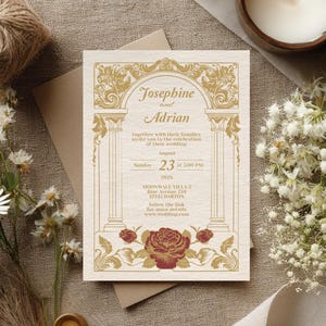May include: A wedding invitation with gold ornate details and the names "Josephine and Adrian". The invitation is surrounded by flowers, a candle, and twine. The invitation includes the date, time, and location of the wedding.
