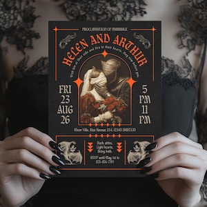 Op de afbeelding: Zwarte trouwkaart met oranje accenten. De uitnodiging luidt "Helen en Arthur" met evenementdetails. Het ontwerp bevat een vintage illustratie van een stel en decoratieve elementen. De uitnodiging wordt door een persoon vastgehouden.