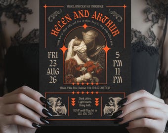 May include: Black wedding invitation with orange accents. The invitation reads "Helen and Arthur" with event details. The design features a vintage illustration of a couple and decorative elements. The invitation is held by a person.