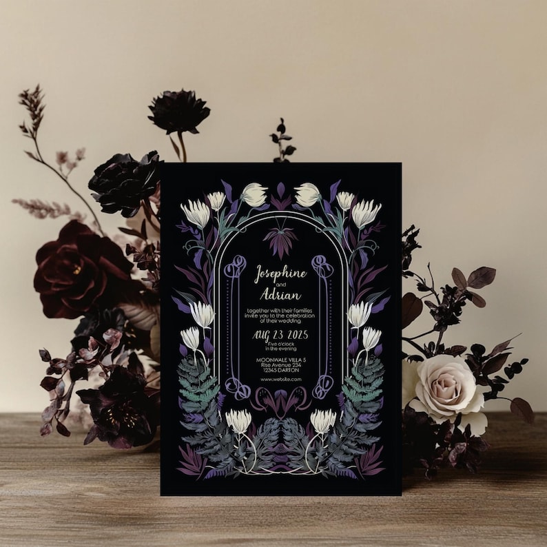 May include: Black wedding invitation with a floral design featuring white flowers, purple and green leaves, and a gold arch. The text reads "Josephine and Adrian" and "Aug 23 2025".