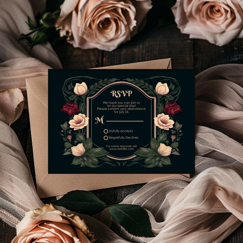 May include: A black RSVP card with a floral design featuring red and cream roses. The card has a gold border and the text "RSVP" in a gold font. The text reads "We hope you can join us on our special day! Please confirm your attendance by July 1st. M Joyfully accepts Regretfully Declines For online response visit www.website.com"