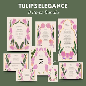 Soft Pink Tulip Wedding Invitation Set – Elegant Floral Stationery Bundle with RSVP, Menu, Table Cards & Gift Tags, Editable Templates