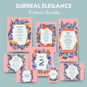Dreamy Pink Wedding Stationery Bundle – Surreal Flower Patterns, 8 Items, Editable Templates for Invitations, RSVP, Menus, and More