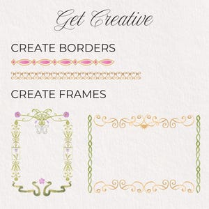 May include: A digital graphic sheet titled Get Creative featuring two horizontal borders and two rectangular frames. The borders include a pink diamond pattern and a gold scrollwork design. The frames feature floral, vine, and snake motifs.