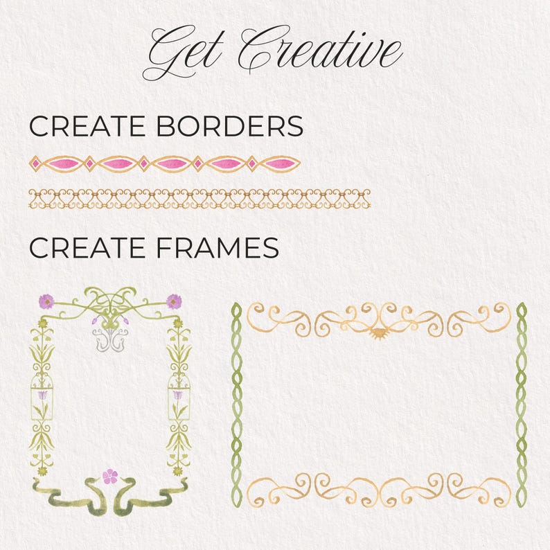 May include: A digital graphic sheet titled Get Creative featuring two horizontal borders and two rectangular frames. The borders include a pink diamond pattern and a gold scrollwork design. The frames feature floral, vine, and snake motifs.