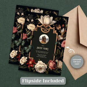 May include: A black wedding invitation with a gold frame and floral design. The invitation features a photo of a couple in the center and the text "Dear [GUEST NAME] we are looking forward to celebrate with you Fore more details follow the link www.website.com".