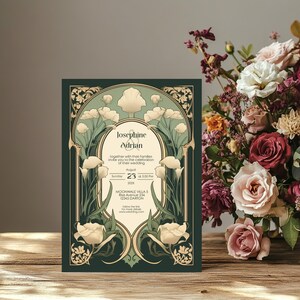 May include: A green and gold wedding invitation with an art nouveau design featuring white flowers and the text "Josephine & Adrian" and the date "August 23, 202X".