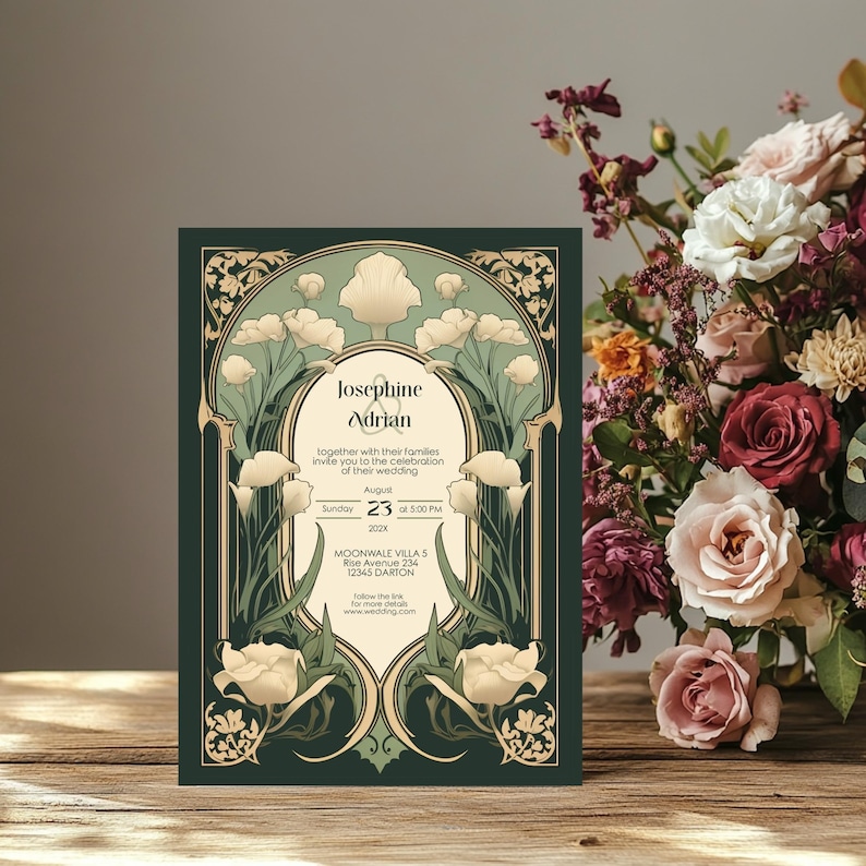 May include: A green and gold wedding invitation with an art nouveau design featuring white flowers and the text "Josephine & Adrian" and the date "August 23, 202X".