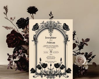 May include: An invitation card with an ornate black and white floral design. The card reads "Josephine and Adrian" and includes wedding details: date, time, and location. The card is surrounded by dark floral arrangements.