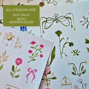 May include: A collection of hand-drawn watercolor illustrations on textured paper featuring various floral motifs, bows, and decorative crests in shades of pink, green, and gold. The text ALL DESIGNS ARE hand-drawn WITH WATERCOLOR is visible.