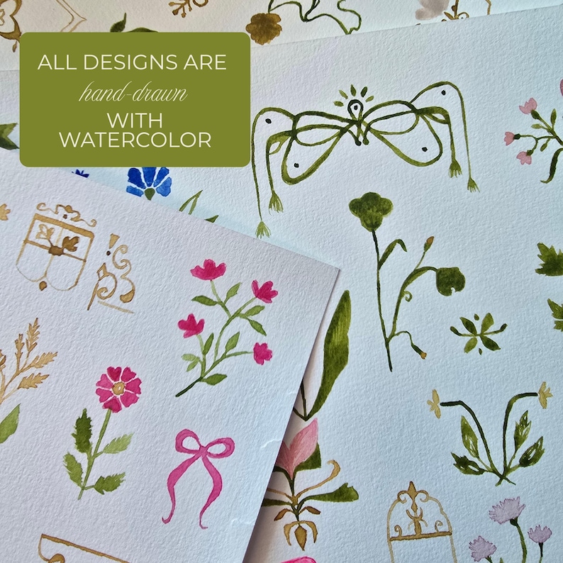 May include: A collection of hand-drawn watercolor illustrations on textured paper featuring various floral motifs, bows, and decorative crests in shades of pink, green, and gold. The text ALL DESIGNS ARE hand-drawn WITH WATERCOLOR is visible.