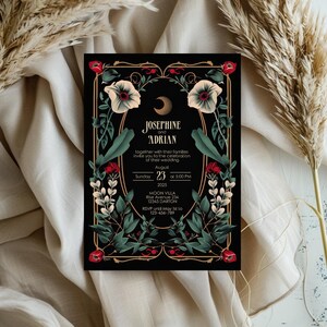 May include: A black wedding invitation with gold accents and floral illustrations. The invitation features the names Josephine and Adrian, the date August 23, 2025, and the time 5:00 PM. The invitation also includes the location Moon Villa, Rise Avenue 234, 12345 Darton, and an RSVP deadline of May 1st to 123-456-789.