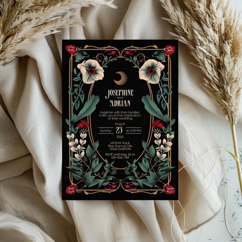May include: A black wedding invitation with gold accents and floral illustrations. The invitation features the names Josephine and Adrian, the date August 23, 2025, and the time 5:00 PM. The invitation also includes the location Moon Villa, Rise Avenue 234, 12345 Darton, and an RSVP deadline of May 1st to 123-456-789.