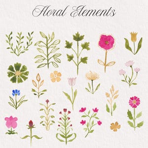 May include: A collection of watercolor illustrations titled Floral Elements, featuring various hand-painted flowers, leaves, and stems in shades of pink, green, yellow, and blue arranged on a textured white paper background.