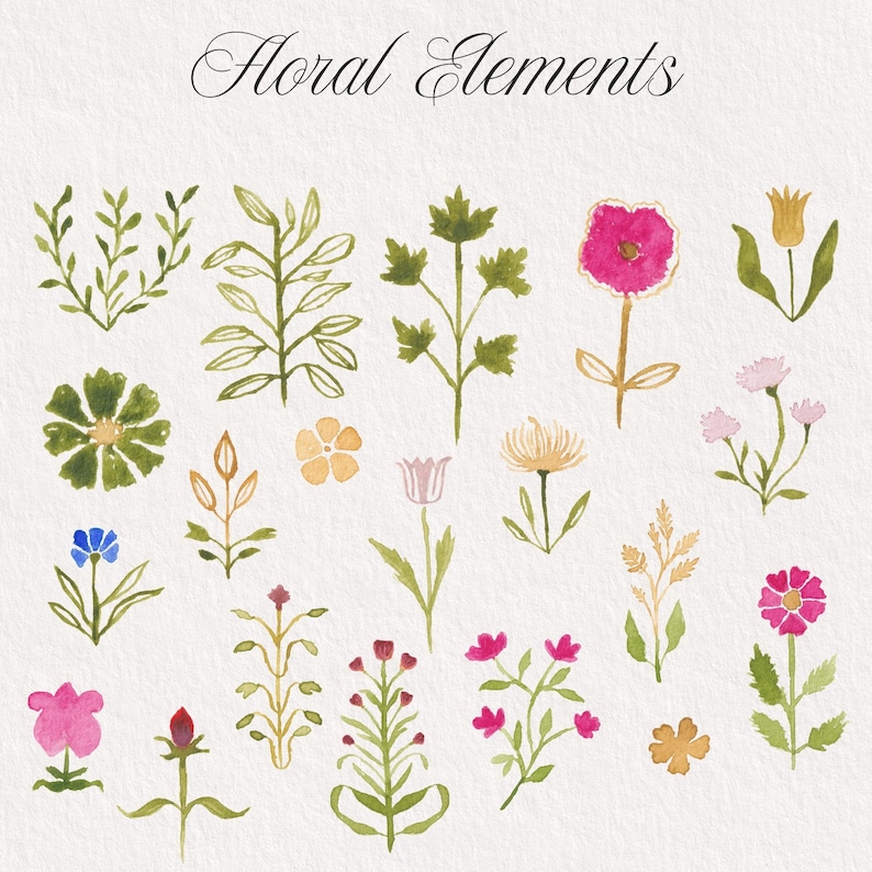 May include: A collection of watercolor illustrations titled Floral Elements, featuring various hand-painted flowers, leaves, and stems in shades of pink, green, yellow, and blue arranged on a textured white paper background.