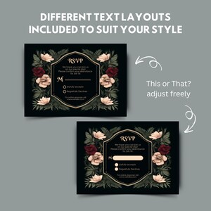 May include: Two black RSVP cards with gold accents and floral designs. The text on the cards reads "RSVP" and includes the phrase "We hope you can join us on our special day".