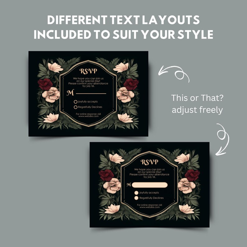 May include: Two black RSVP cards with gold accents and floral designs. The text on the cards reads "RSVP" and includes the phrase "We hope you can join us on our special day".