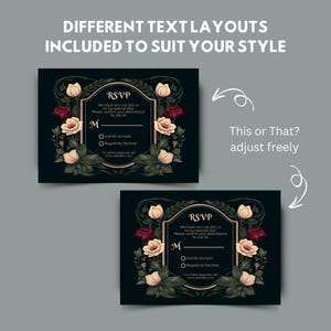 May include: Two black and green floral wedding RSVP cards with gold accents. The text on the cards reads "RSVP" and includes a space for guests to indicate whether they will joyfully accept or regretfully decline the invitation. The text also includes a website address for online responses.
